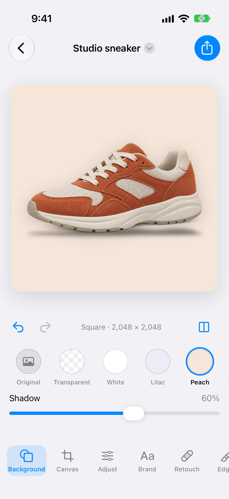 Lightbox on iPhone, editing a photo of a sneaker on a plain background